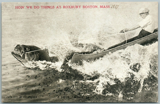 ROXBURY BOSTON MA EXAGGERATED FISHING ANTIQUE POSTCARD