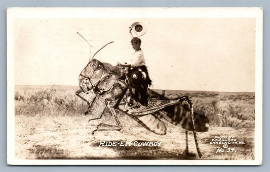 EXAGGERATED GRASSHOPER COWBOY RIDING VINTAGE REAL PHOTO POSTCARD RPPC KANSAS