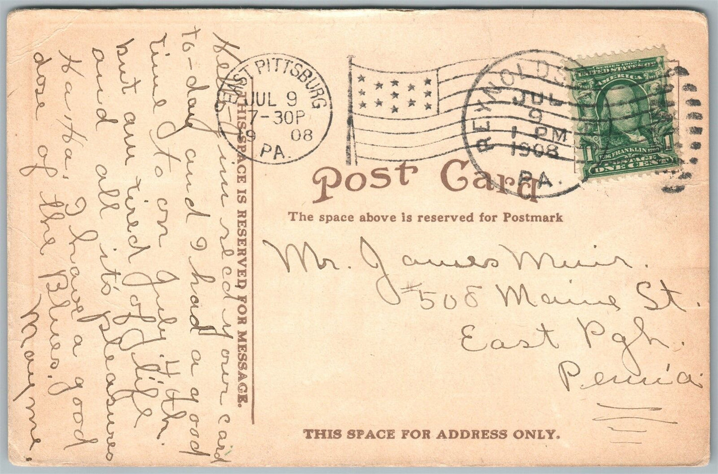 REYNOLDSVILLE PA M.E. CHURCH 1908 ANTIQUE POSTCARD