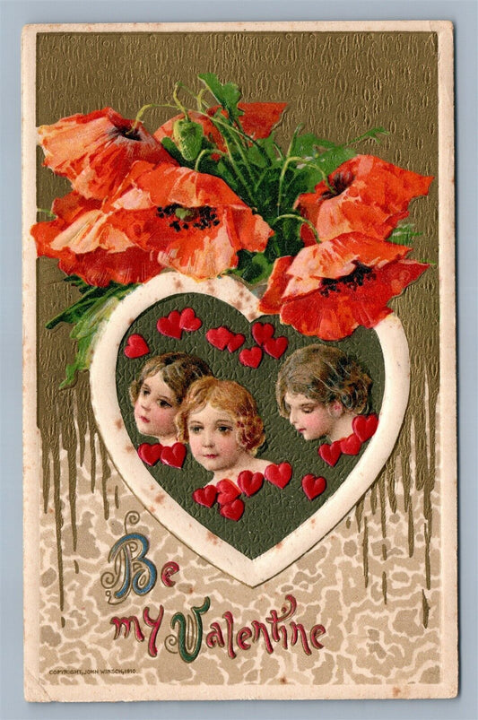 VALENTINE 1910 EMBOSSED ANTIQUE POSTCARD JOHN WINSCH KIDS w/ HEARTS