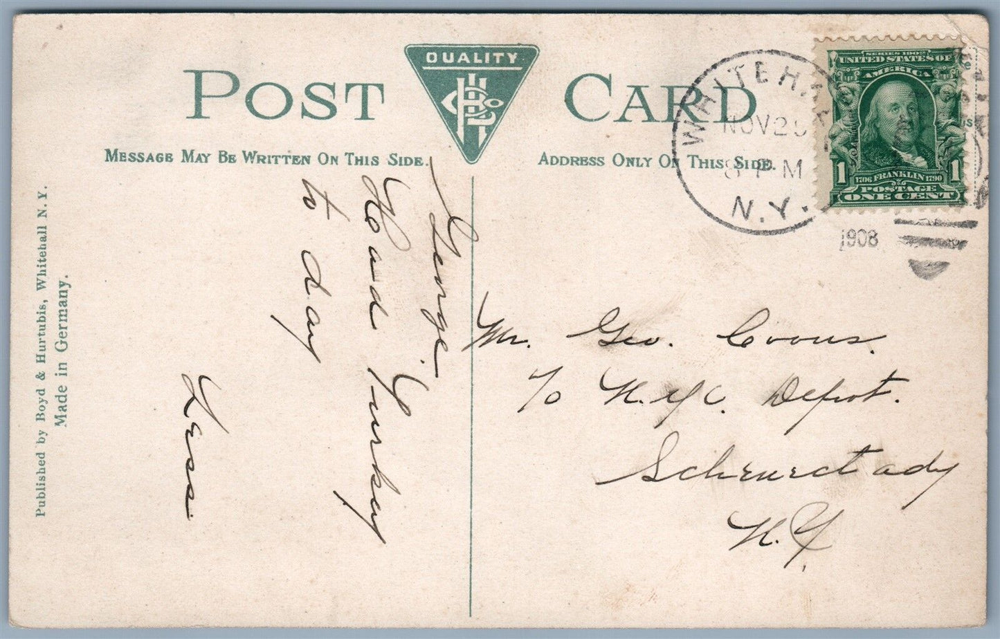 WHITEHALL NY WILLIAMS STREET 1908 ANTIQUE POSTCARD w/ CORK CANCEL