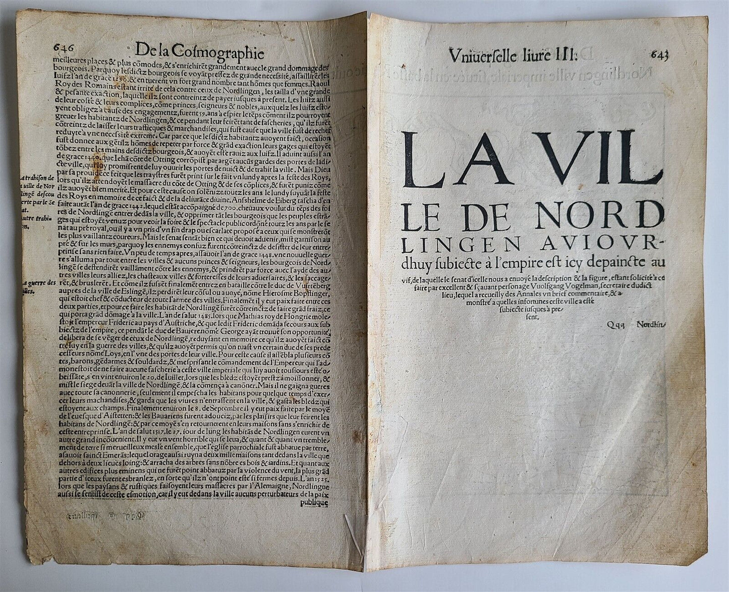 1575 NORDLINGEN GERMANY LEAF BELLEFOREST EDITION of MUNSTER COSMOGRAPHY antique