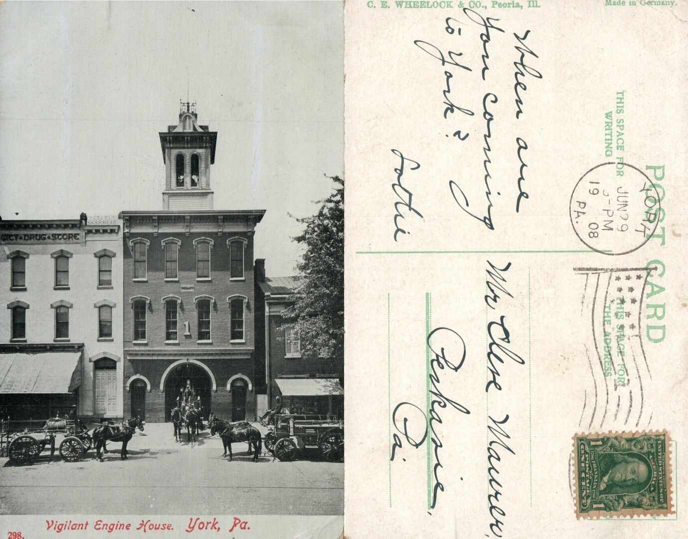 YORK PA VIGILANT ENGINE HOUSE ANTIQUE 1908 POSTCARD FIRE FIGHTING