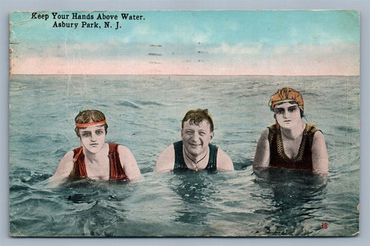 ASBURY PARK NJ KEEP YOUR HANDS ABOVE THE WATER ANTIQUE POSTCARD