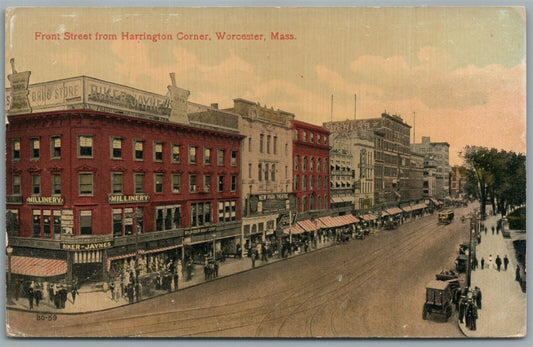 WORCESTER MA FRONT STREET FROM HARRINGTON CORNER ANTIQUE POSTCARD