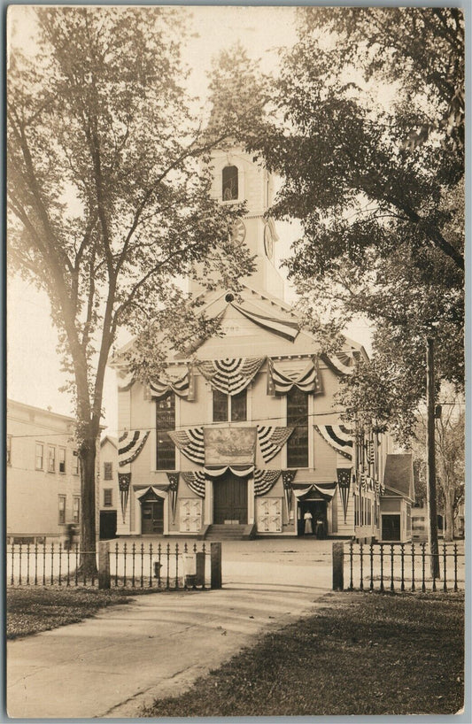 TOWN HALL DECORATED w/ AMERICAN FLAGS ANTIQUE REAL PHOTO POSTCARD RPPC patriotic