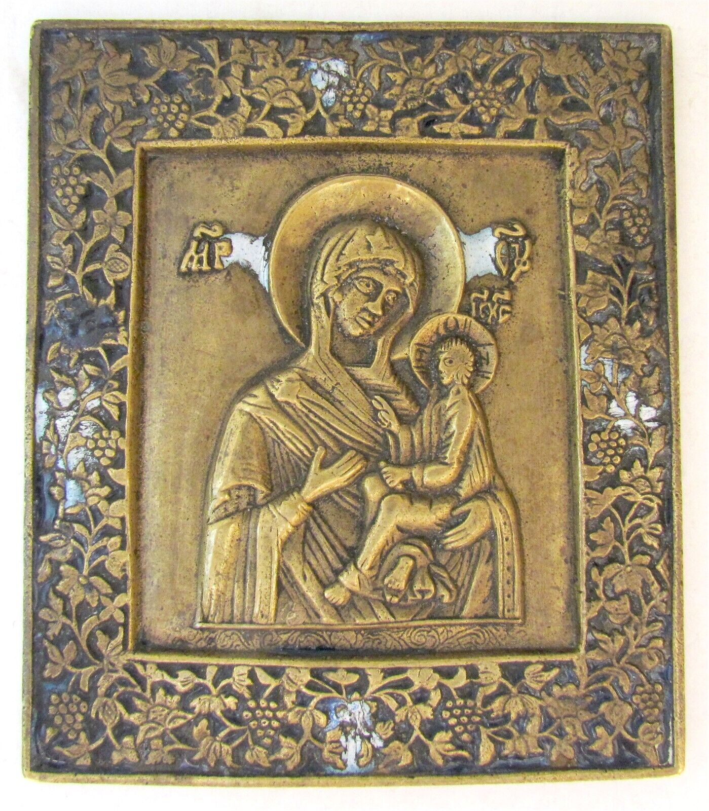 RUSSIAN ICON of TIKHVIN VIRGIN ANTIQUE ORTHODOX BRONZE ENAMEL 19th century