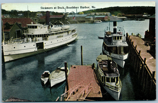 BOOTHBAY HARBOR ME STEAMERS AT DOCK ANTIQUE POSTCARD