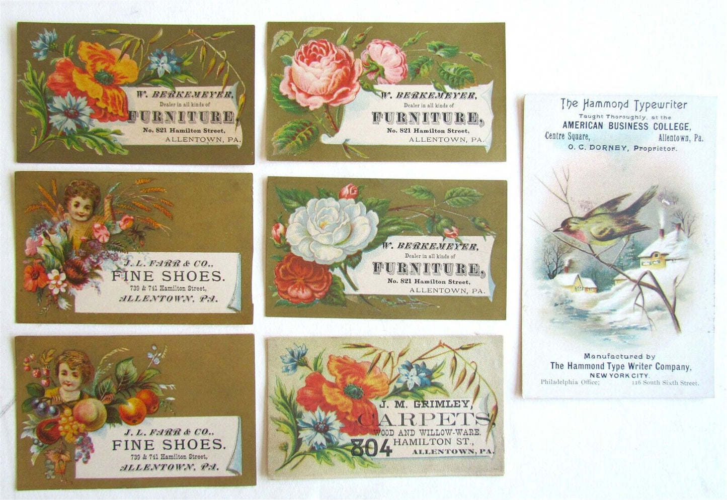 ALLENTOWN PA BERKEMEYER FURNITURE SET OF 7 ANTIQUE VICTORIAN TRADE CARDS