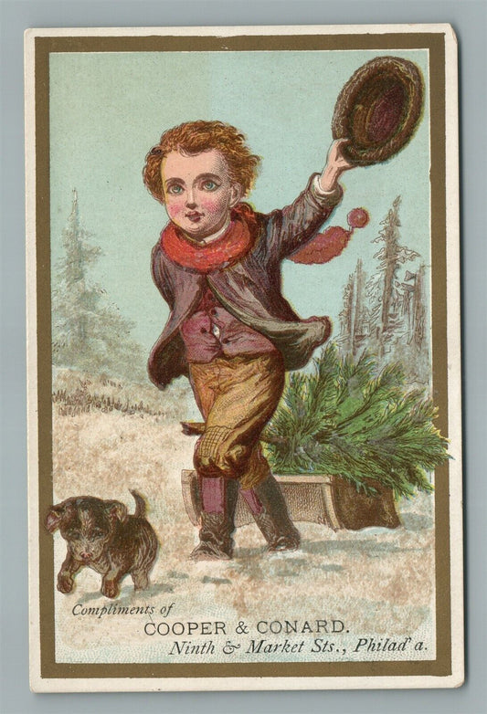 PHILADELPHIA PA COOPER & CONARD ADVERTISING ANTIQUE TRADE CARD BOY w/ DOG