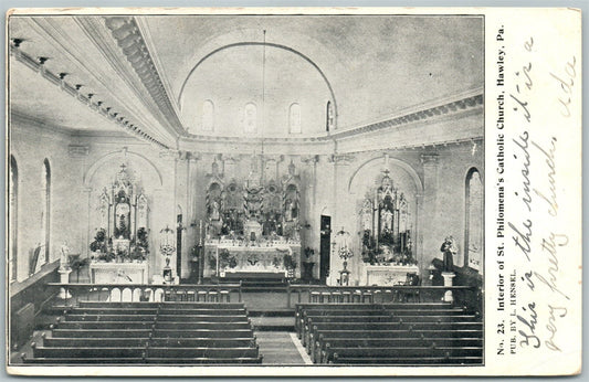 HAWLEY PA PHILOMENA'S CATHOLIC CHURCH INTERIOR 1906 ANTIQUE POSTCARD