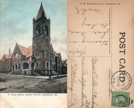 UNIONTOWN PA GREAT BETHEL BAPTIST CHURCH 1910 ANTIQUE POSTCARD
