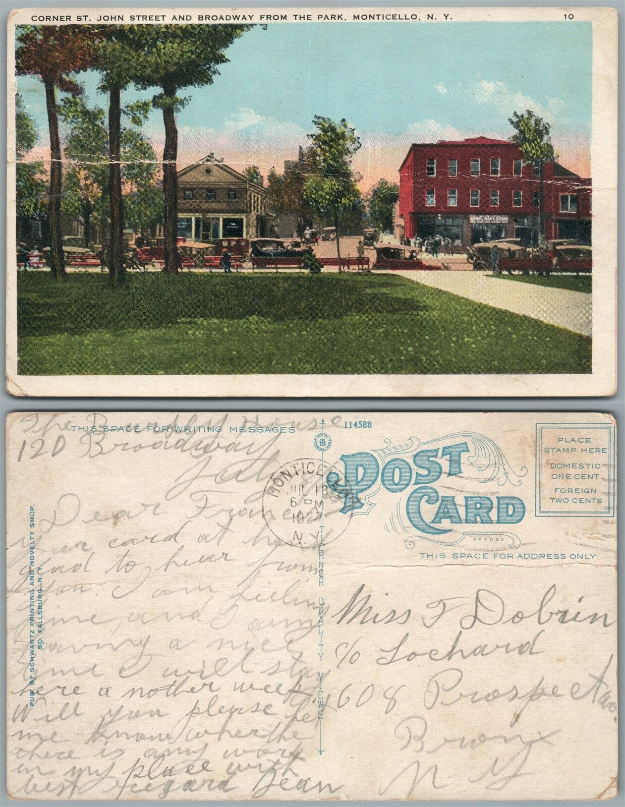 MONTICELLO N.Y. ST.JOHN STREET & BROADWAY 1927 ANTIQUE POSTCARD