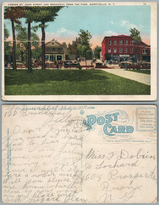 MONTICELLO N.Y. ST.JOHN STREET & BROADWAY 1927 ANTIQUE POSTCARD