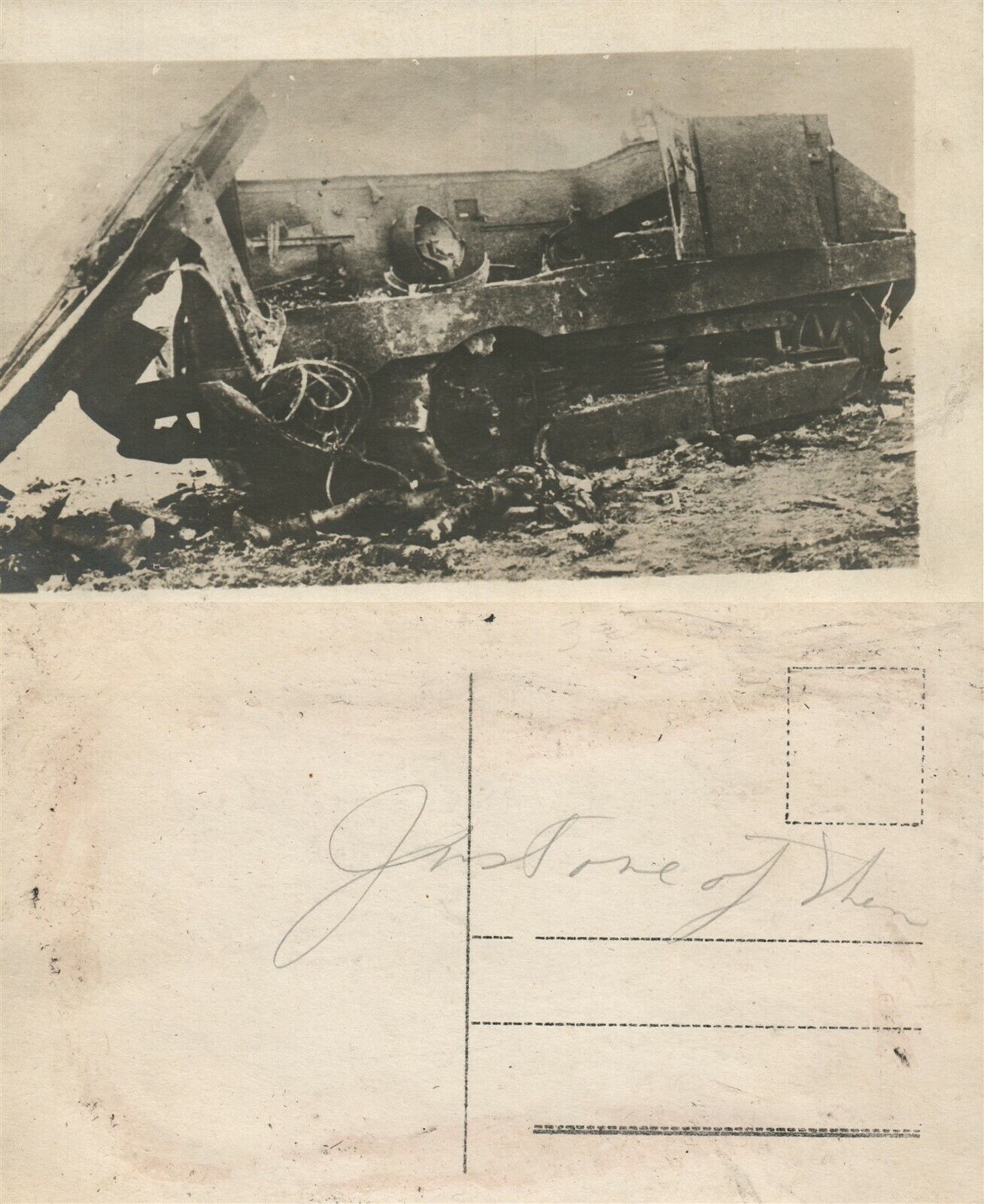 WWI DESTROYED TANK REAL PHOTO POSTCARD ANTIQUE RPPC