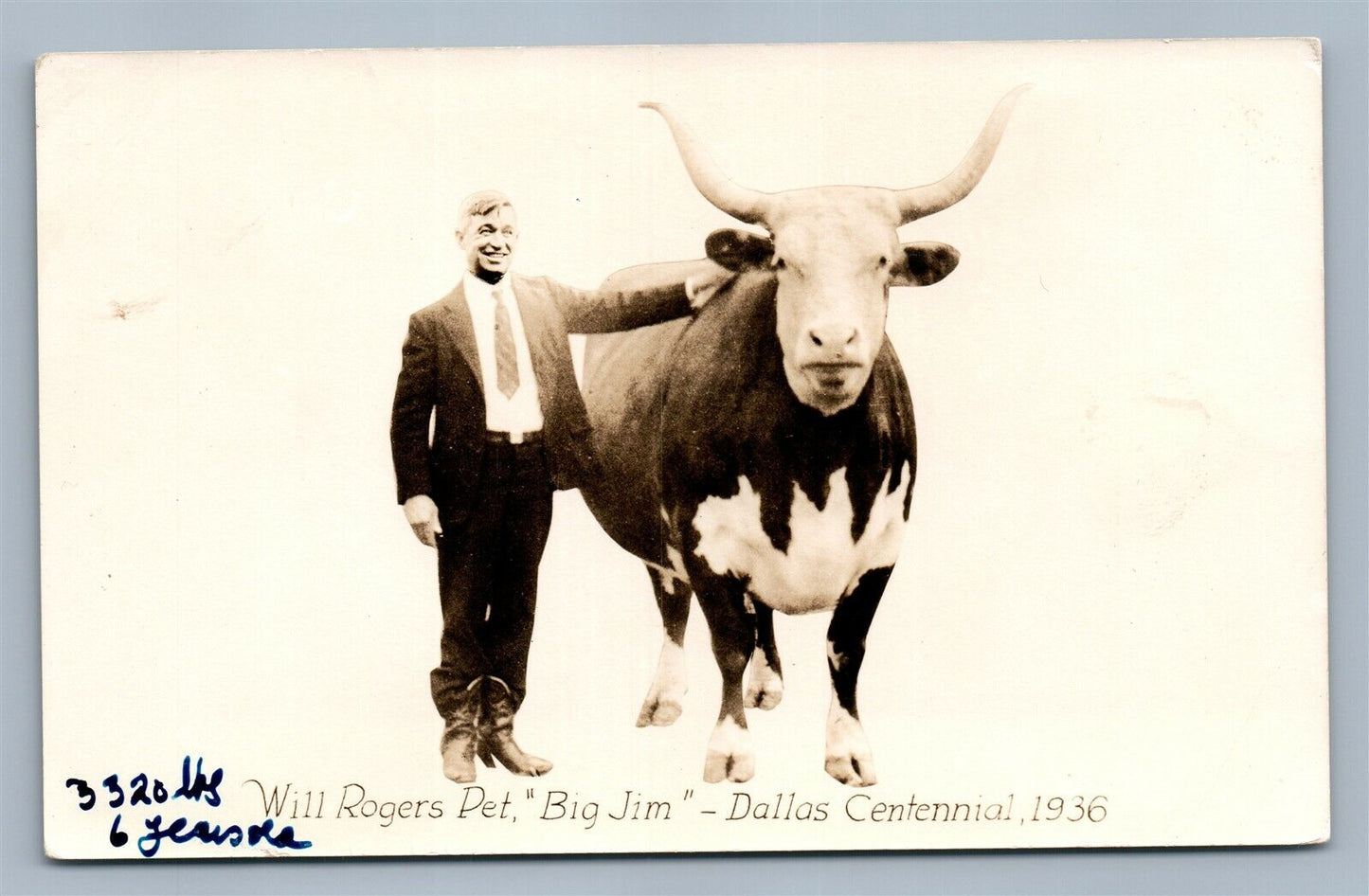 BULL BIG JIM DALLAS CENTENNIAL 1936 ANTIQUE REAL PHOTO POSTCARD RPPC