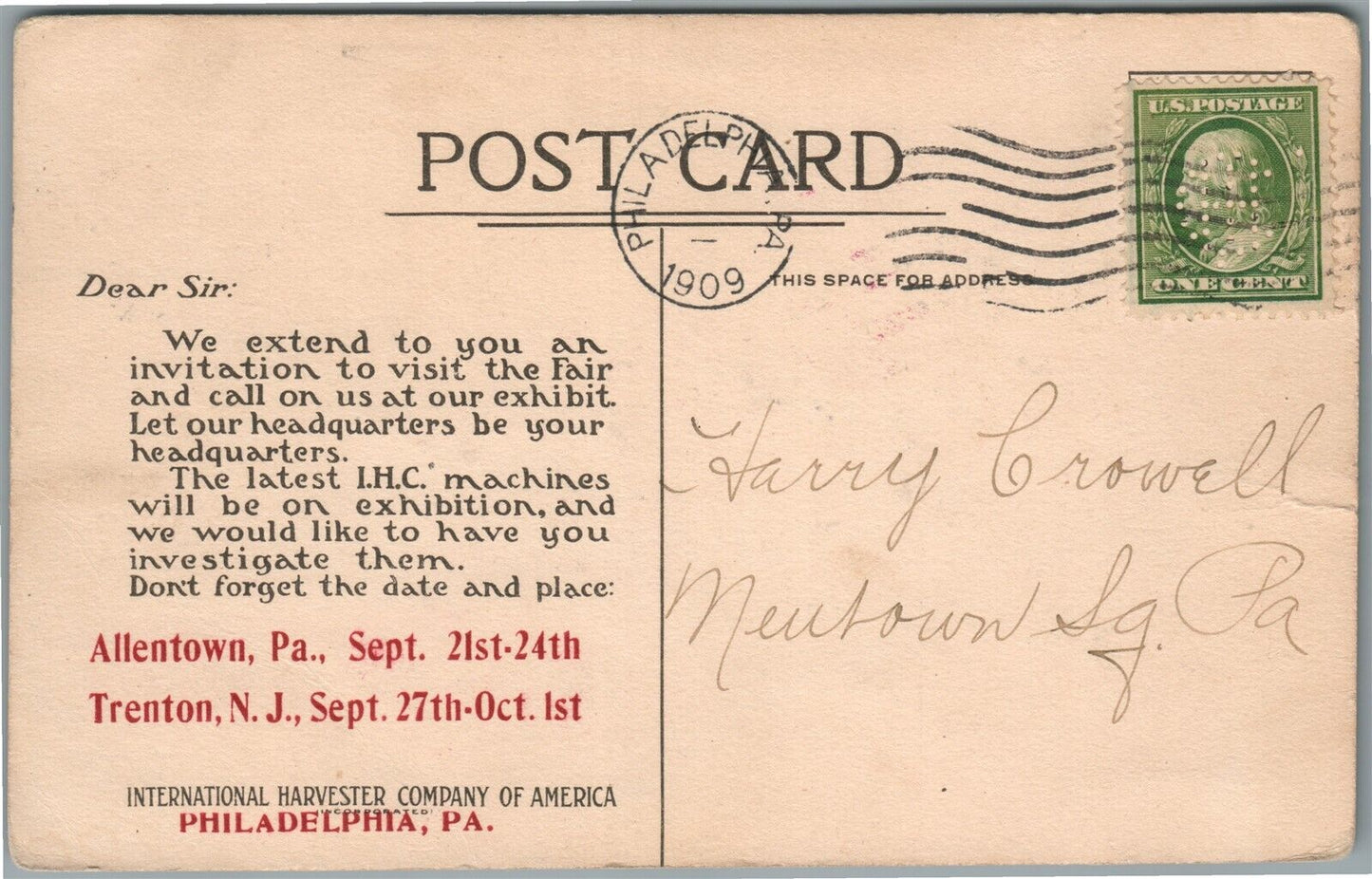 PHILADELPHIA PA HARVESTER COMPANY ADVERTISING ANTIQUE POSTCARD