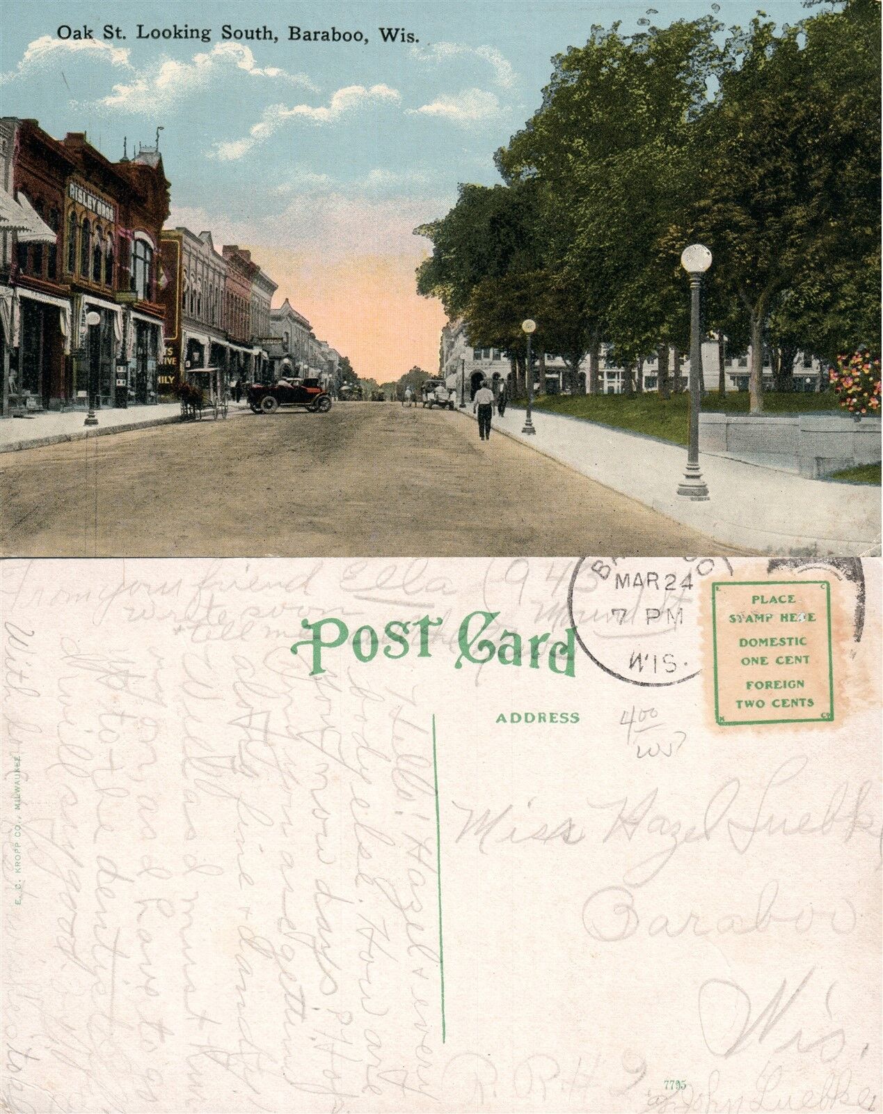 BARABOO WIS. OAK STREET ANTIQUE POSTCARD