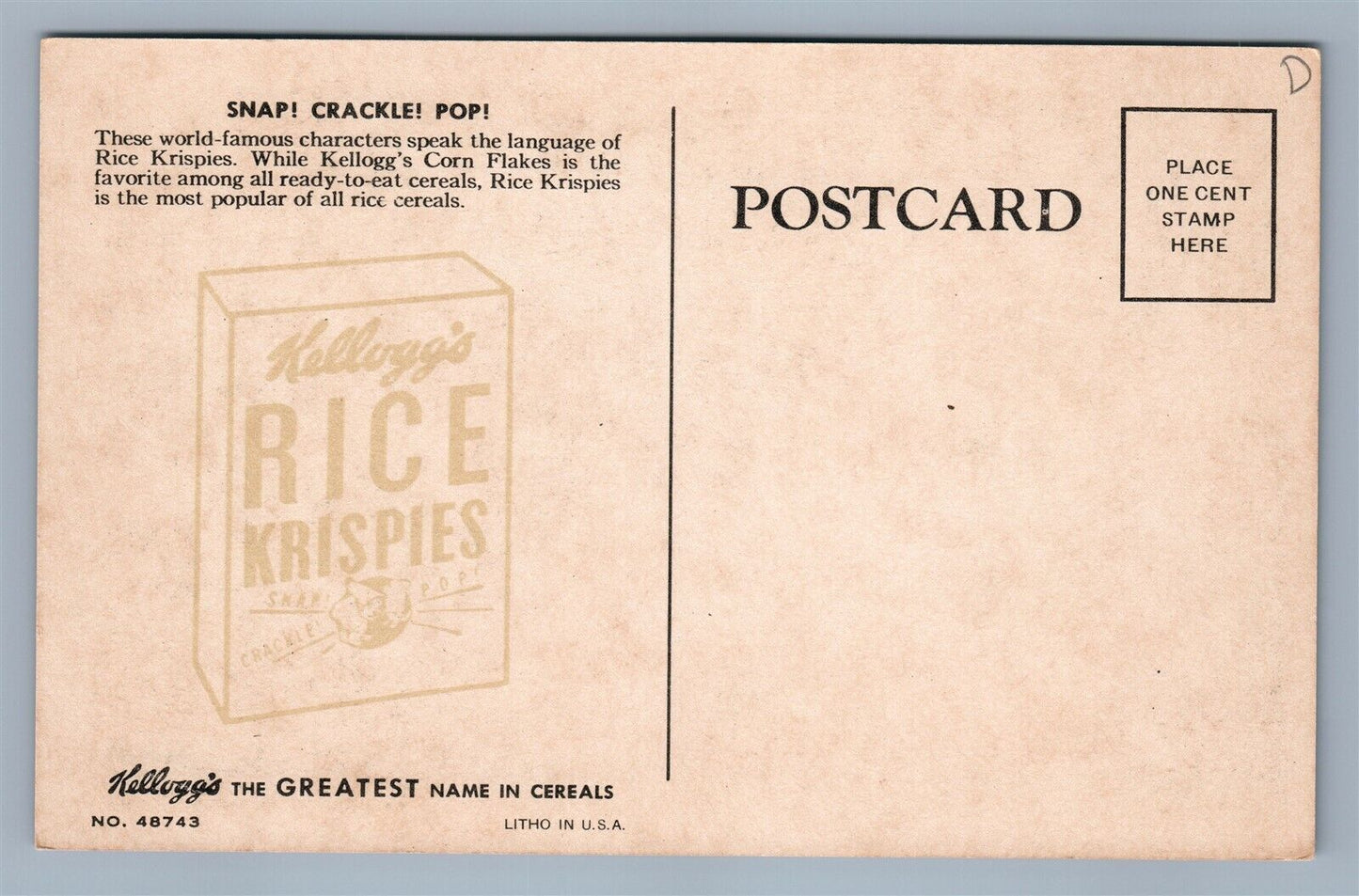 KELLOG'S RICE KRISPIES ADVERTISING VINTAGE POSTCARD