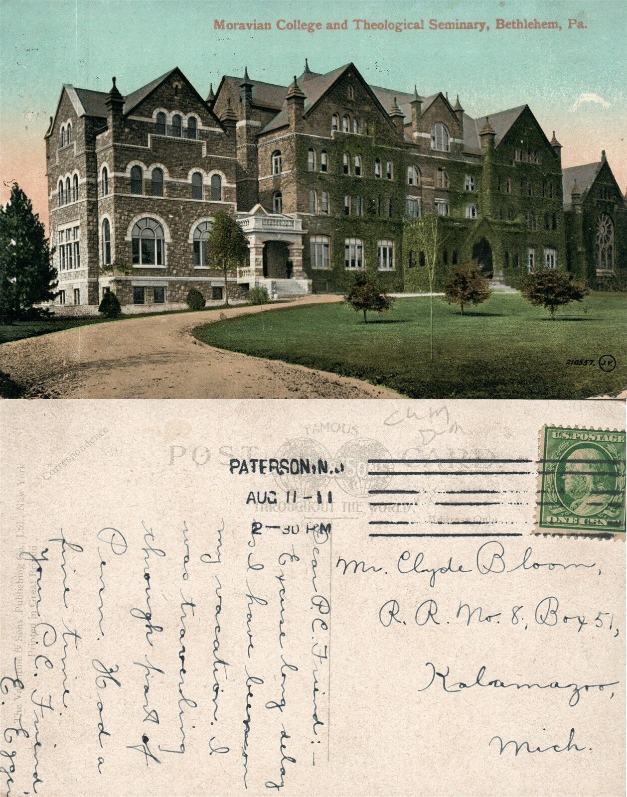 BETHLEHEM PA MORAVIAN COLLEGE & SEMINARY 1911 ANTIQUE POSTCARD
