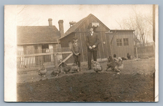 MEN w/ CHICKENS FARMING VINTAGE REAL PHOTO POSTCARD RPPC