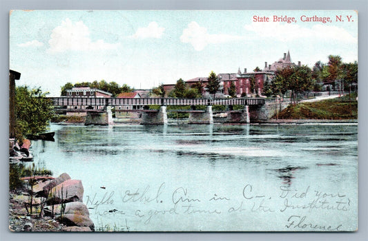 CARTHAGE NY STATE BRIDGE ANTIQUE POSTCARD w/ CORK CANCEL