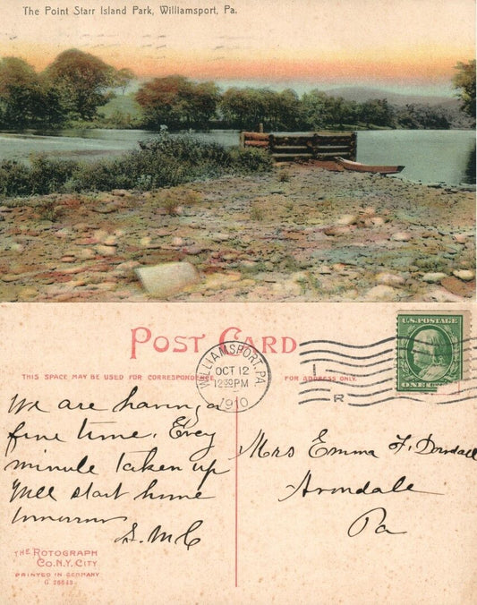 WILLIAMSPORT PA POINT STARR ISLAND AMUSEMENT PARK ANTIQUE 1910 POSTCARD