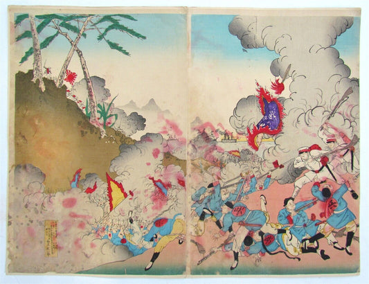 JAPANESE WOODBLOCK DIPTYCH PRINT ANTIQUE WAR w/ CHINA SCENE