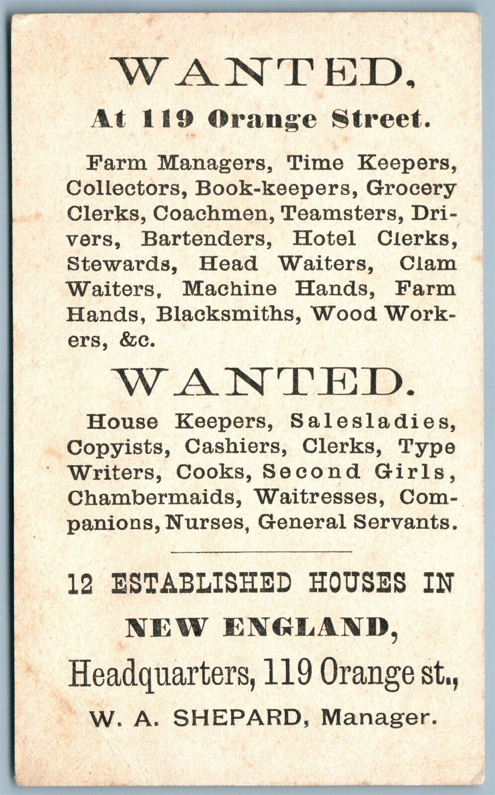 BLACK AMERICANA HELP WANTED NEW ENGLAND ANTIQUE ADVERTISING VICTORIAN TRADE CARD