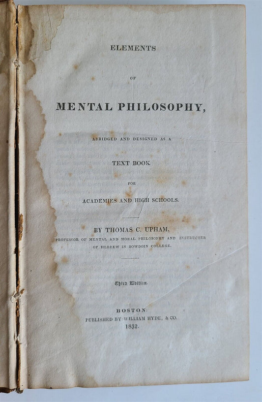 1832 ELEMENTS of MENTAL PHILOSOPHY by THOMAS UPHAM antique Boston