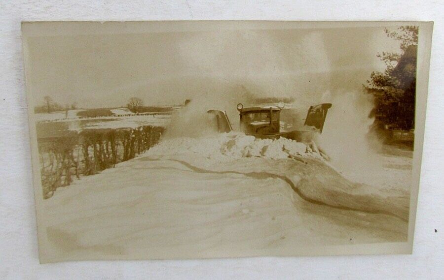 RPPC VINTAGE PHOTO POSTCARD OLD CAR SNOW PLOW IN WINTER LANDSCAPE