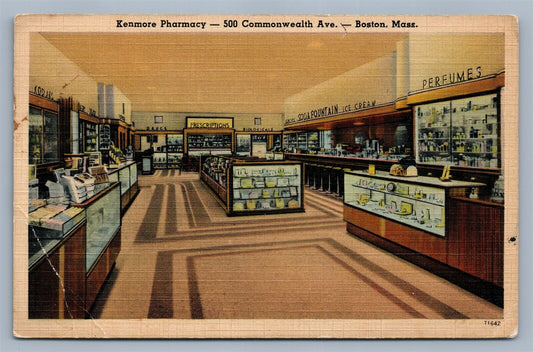 BOSTON MA KENMORE PHARMACY COMMONWEALTH AVE. VINTAGE 1945 POSTCARD