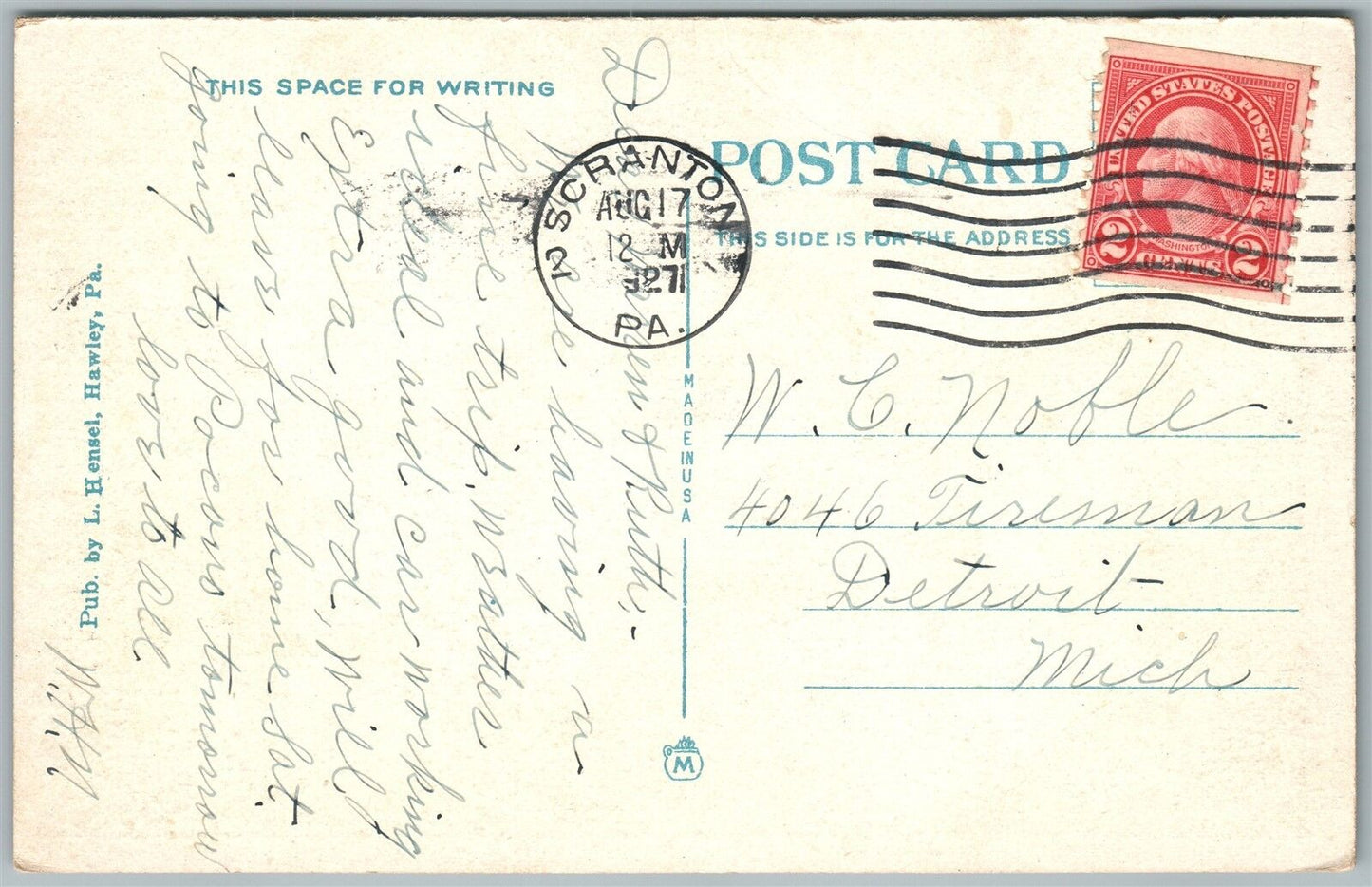 EAST HAWLEY PA BIRD'S EYE VIEW 1927 ANTIQUE POSTCARD