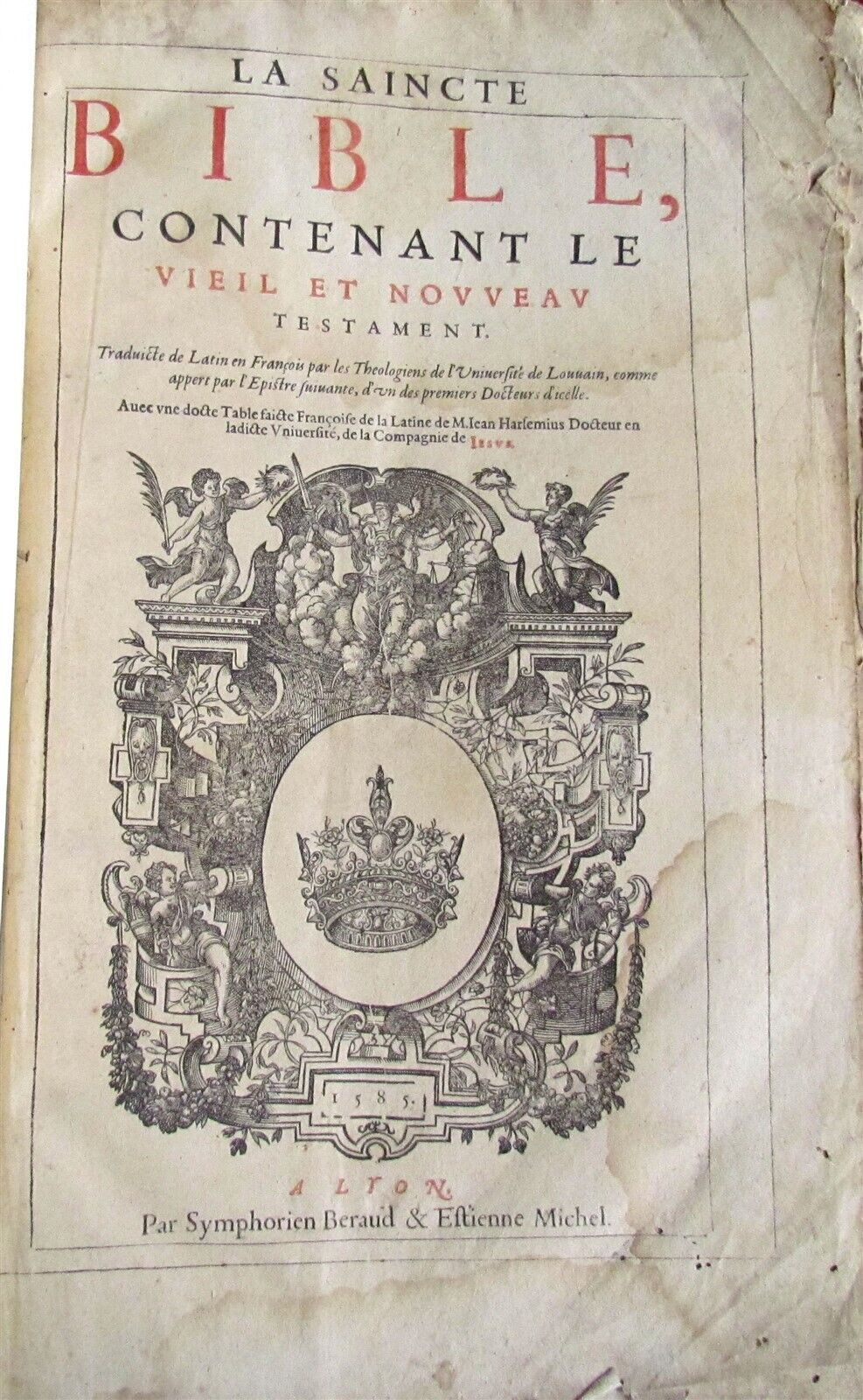 1585 LEUVEN BIBLE illustrated MASSIVE FOLIO antique in FRENCH La Saincte Bible