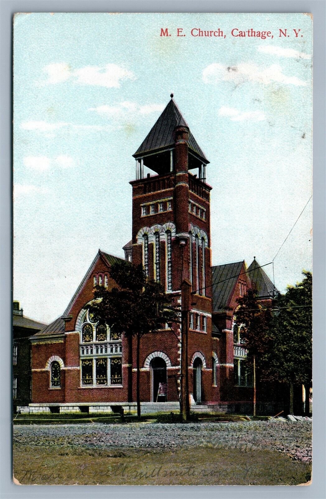CARTHAGE NY ME CHURCH ANTIQUE POSTCARD w/ CORK CANCEL