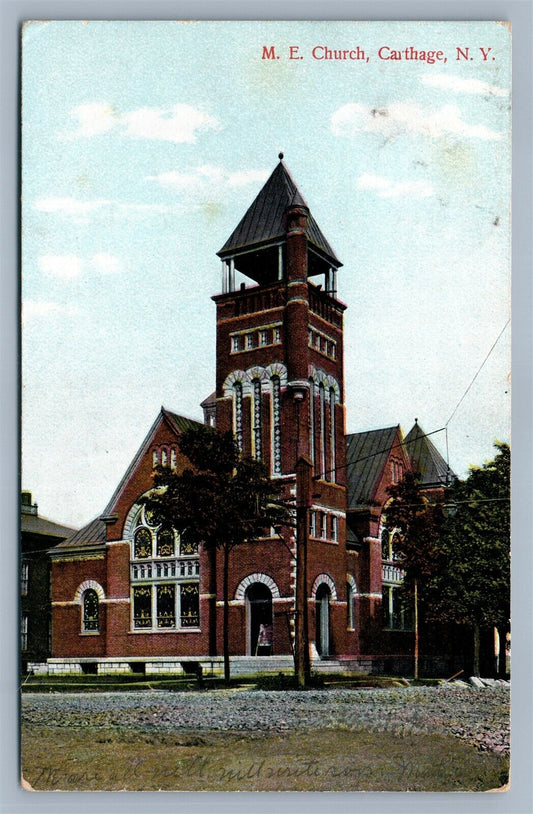CARTHAGE NY ME CHURCH ANTIQUE POSTCARD w/ CORK CANCEL
