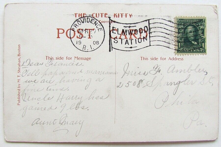 1908 VINTAGE POSTCARD CUTE KITTY ELMWOOD RAILROAD STATION CANCEL RHODE ISLAND