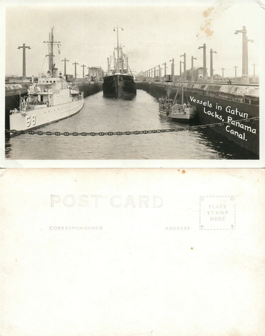 PANAMA CANAL VESSELS IN GATUN LOCKS ANTIQUE REAL PHOTO POSTCARD RPPC