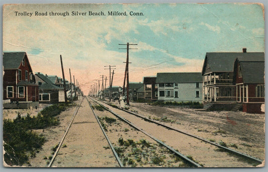 MILFORD CT TROLLEY ROAD THROUGHT SILVER BEACH ANTIQUE POSTCARD