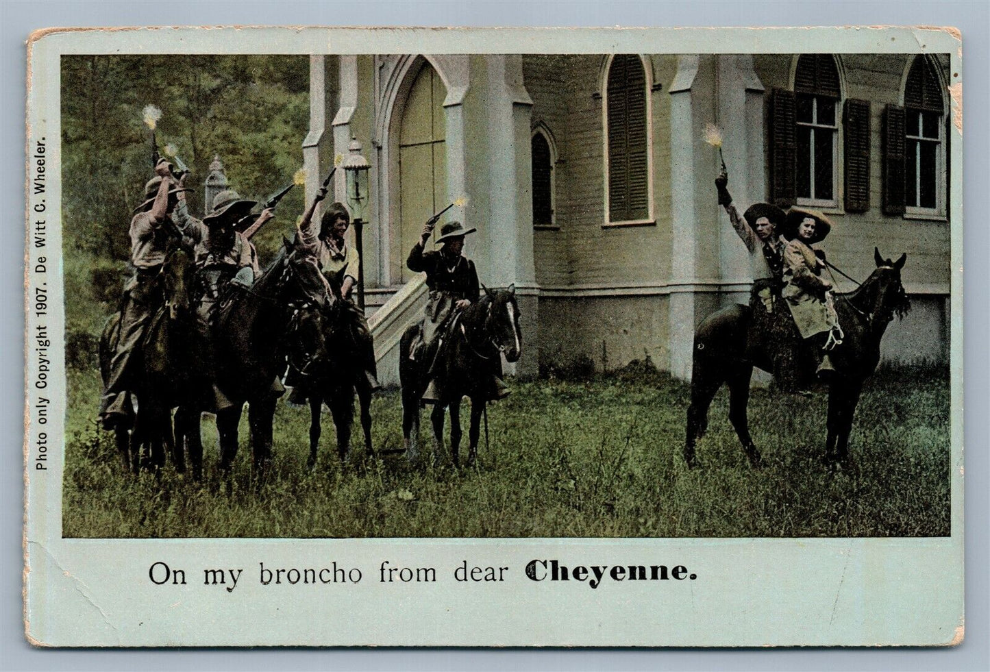 LANDER WYO FIRING COWBOYS ANTIQUE POSTCARD on my broncho from dear Cheyenne