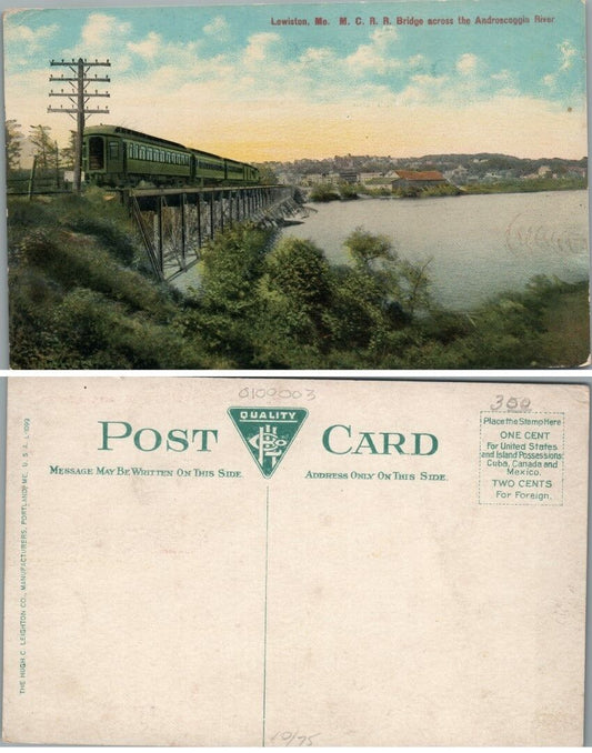 LEWISTON ME M.C.R.R. BRIDGE ANDROSKOGGIN RIVER ANTIQUE POSTCARD railroad train