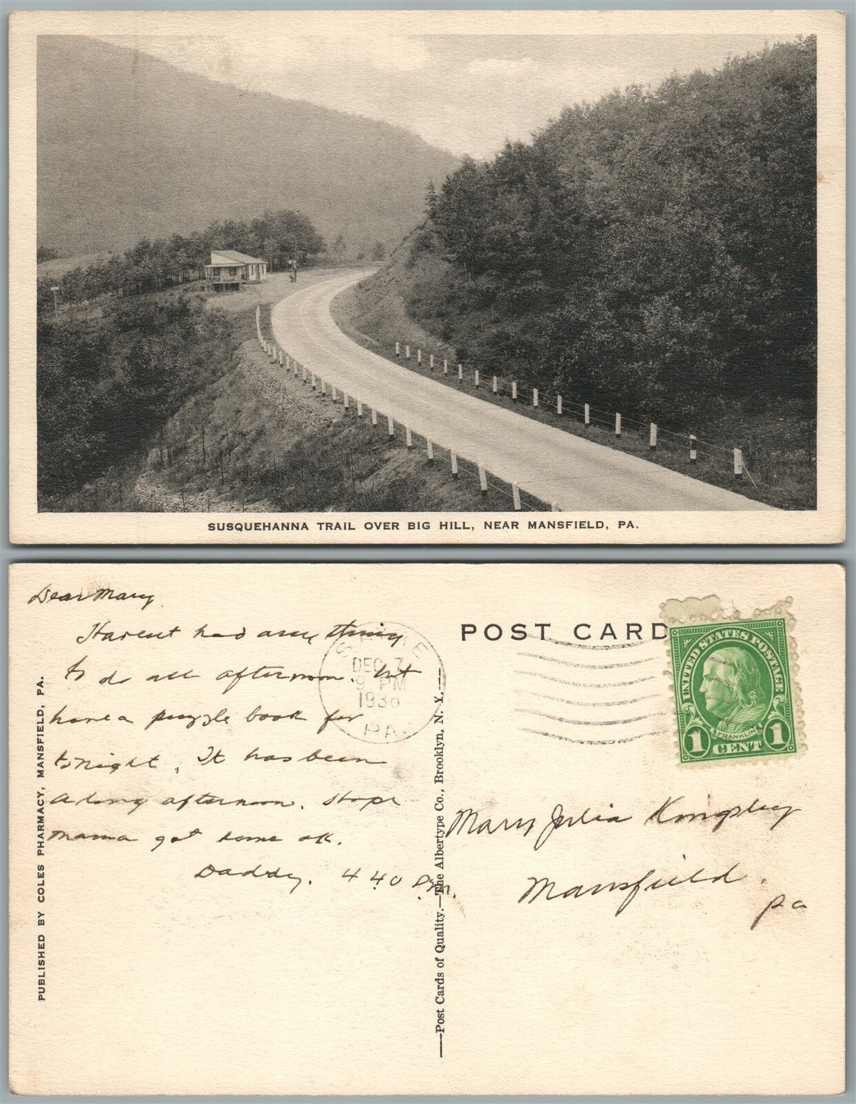 MANSFIELD PA SUSQUEHANNA TRAIL OVER BIG HILL 1936 VINTAGE POSTCARD