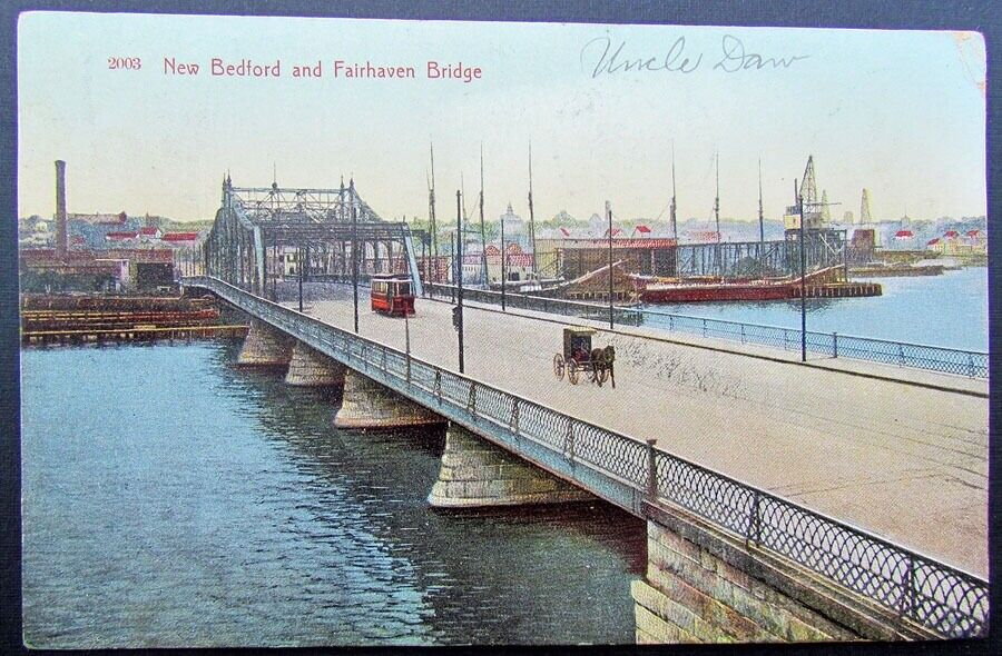 VINTAGE 1908 POSTCARD NEW BEDFORD & FAIRHAVEN BRIDGE MA trolley railroad railway