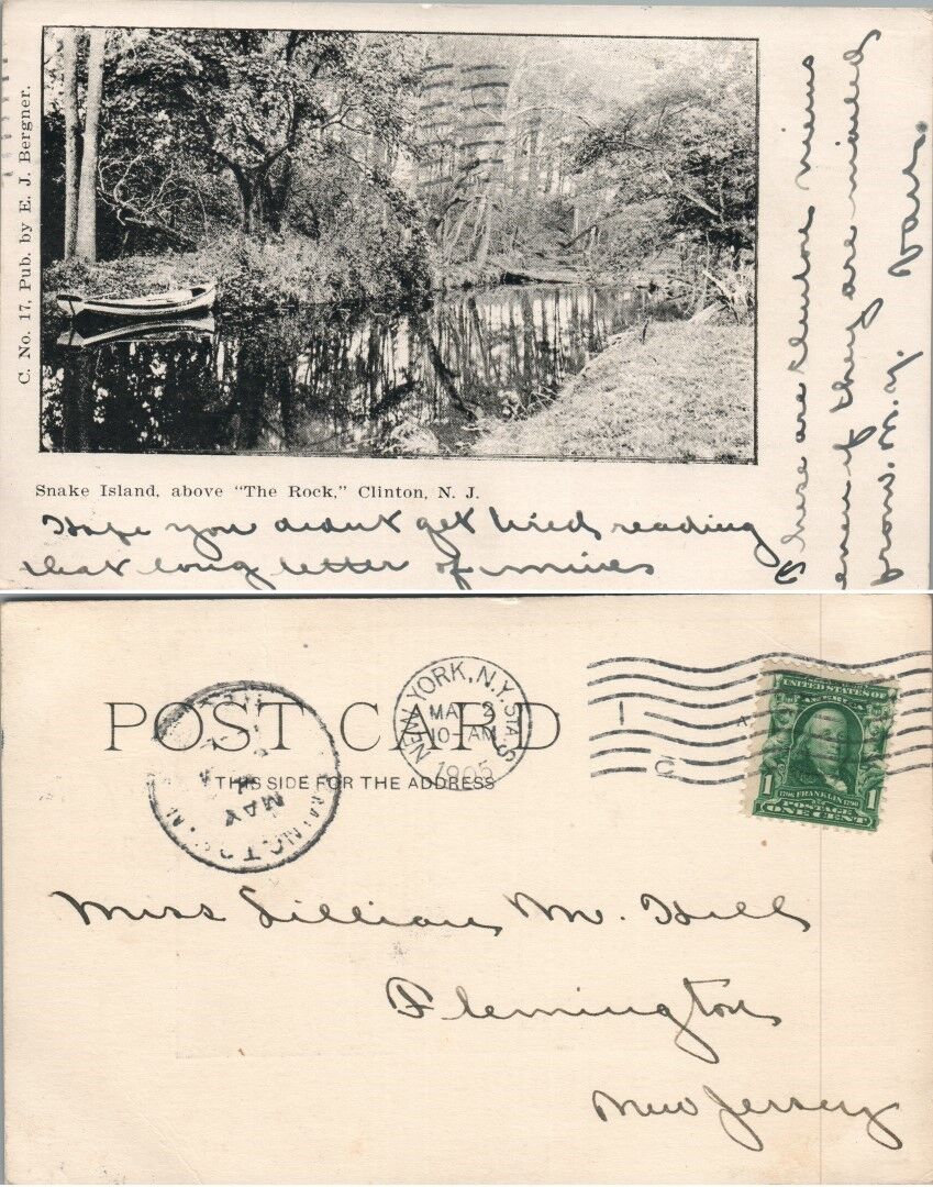 ANTIQUE 1905 UNDIVIDED POSTCARD SNAKE ISLAND ABOVE THE ROCK CLINTON N.J.