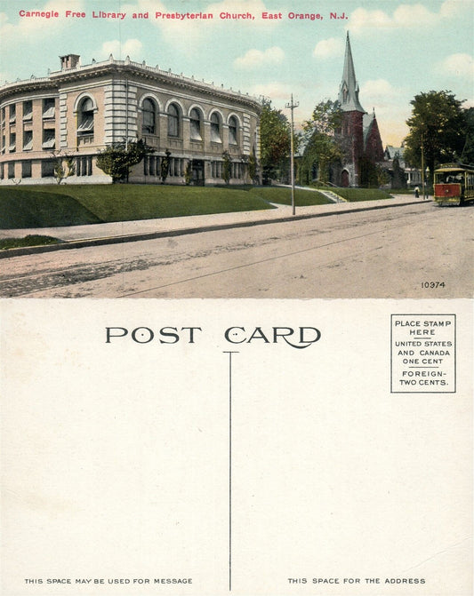 EAST ORANGE N.J. CARNEGIE LIBRARY & PRESBYTERIAN CHURCH ANTIQUE POSTCARD