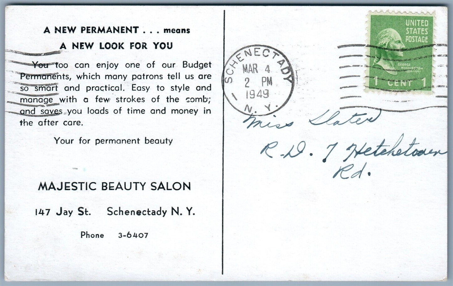SCHENECTADY NY MAJESTIC BEAUTY SALON ADVERTISING 1949 VINTAGE POSTCARD