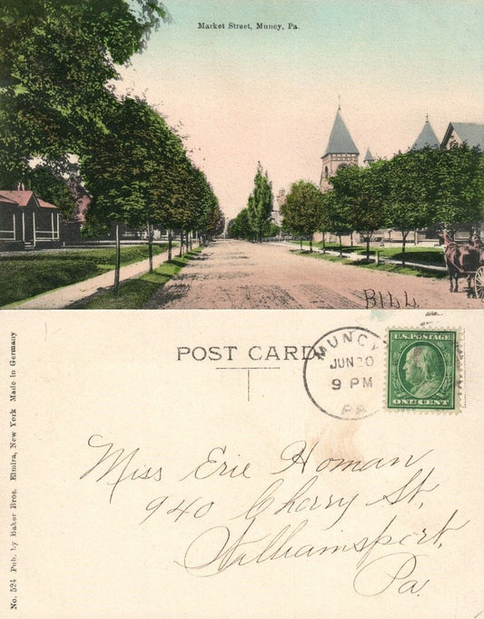 MUNCY PA HOTEL MARKET STREET UNDIVIDED ANTIQUE POSTCARD