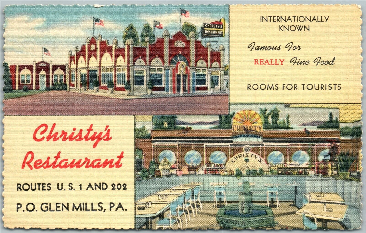 GLEN MILLS PA CHRISTY'S RESTAURANT 1950 VINTAGE POSTCARD