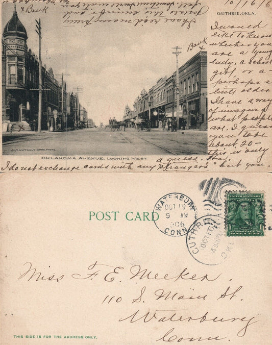 GUTHRIE OK OKLAHOMA AVENUE 1906 UNDIVIDED ANTIQUE POSTCARD