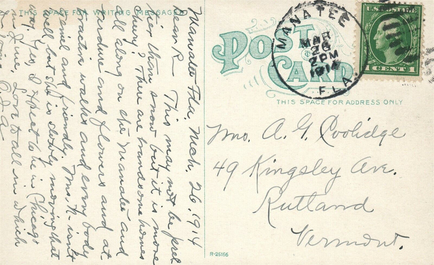 MANATEE FL 1914 POSTCARD w/ CORK CANCEL